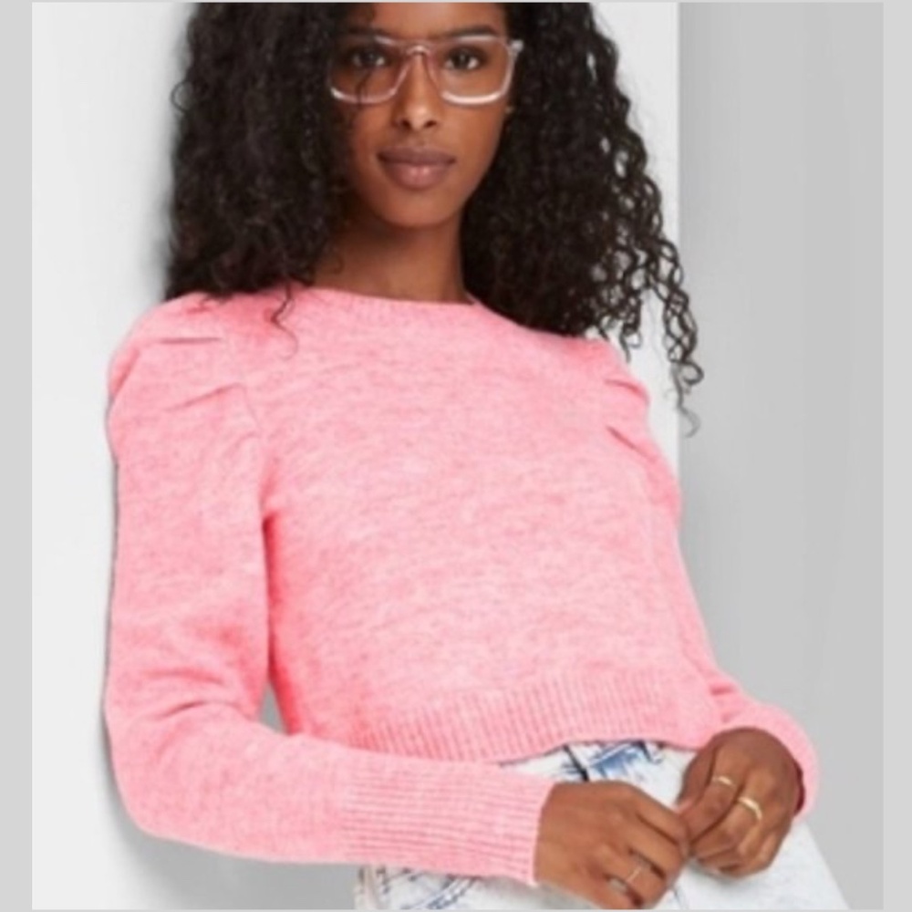 Wild Fable Pink Puff Sleeve Cropped Sweater Marled Knit Crewneck Pullover